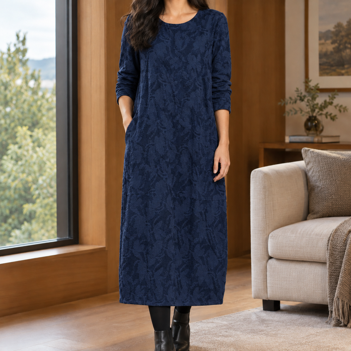 Azalea Patterned Midi Dress - Navy Blue